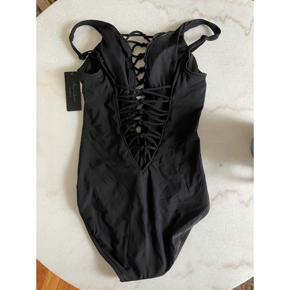 Aqua Green Deep Plunge Black Lace Up One Piece Swimsuit Small New - Picture 7 of 11